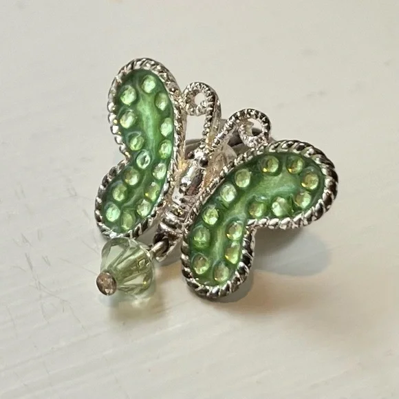 Sparkly Butterfly Pin Green Dangling Bead and Green Faux Stone Ring 7/8” x 7/8” - Picture 2 of 5